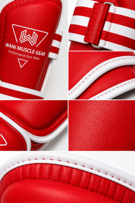 Shin guard logo print, strap buckle, and stitching detail close-up - Wani Muscle Gear