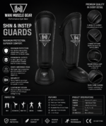 Black premium shin and instep guards with high-density foam, PU leather, and secure hook-and-loop straps by Wani Muscle Gear for boxing, MMA, kickboxing, and Muay Thai.