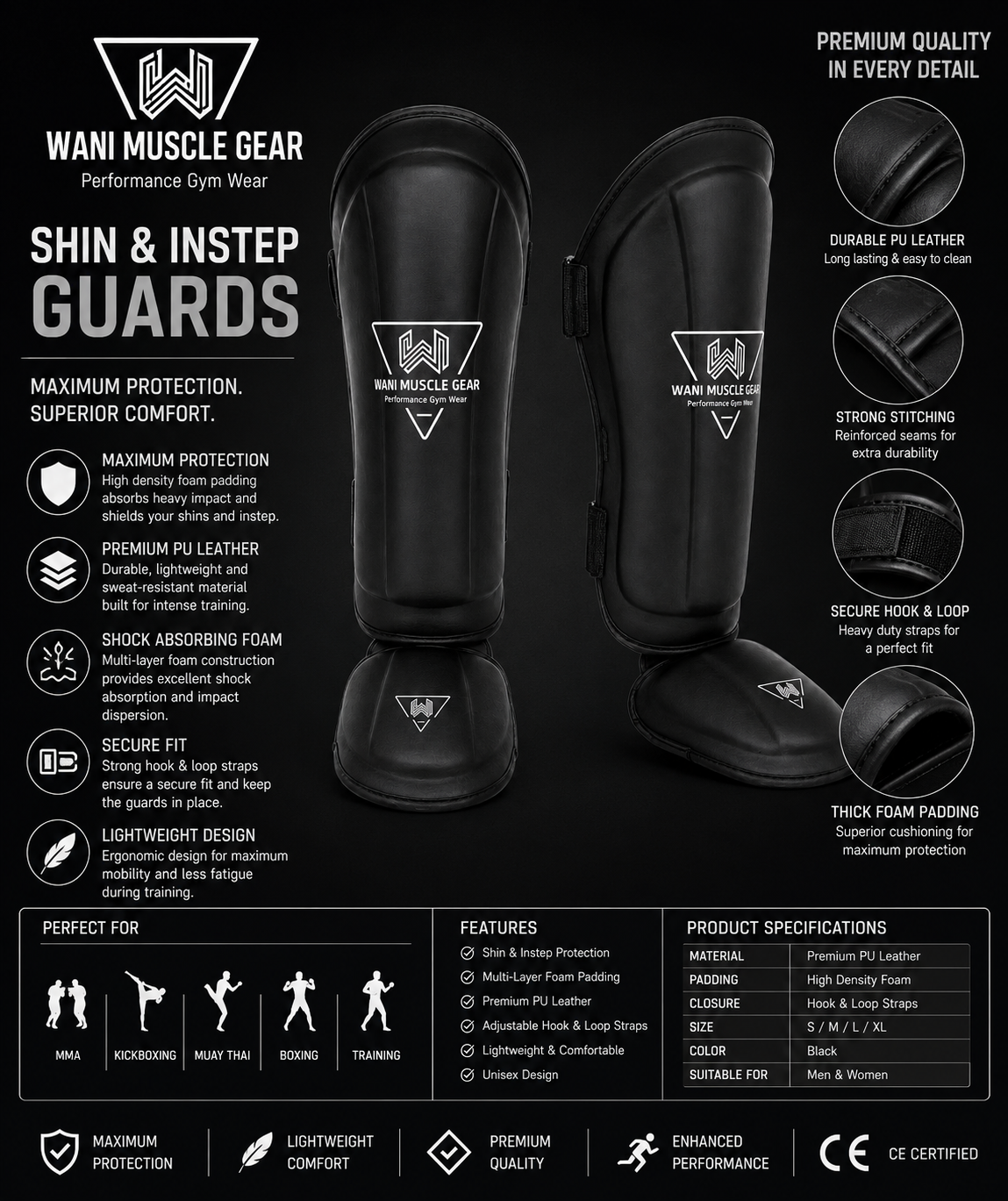 Premium Shin & Instep Guards for Boxing, MMA & Muay Thai | Wani Wear Black premium shin and instep guards with high-density foam, PU leather, and secure hook-and-loop straps by Wani Muscle Gear for boxing, MMA, kickboxing, and Muay Thai.