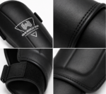 Black premium shin and instep guards with high-density foam, PU leather, and secure hook-and-loop straps by Wani Muscle Gear for boxing, MMA, kickboxing, and Muay Thai.