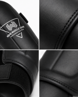 Black premium shin and instep guards with high-density foam, PU leather, and secure hook-and-loop straps by Wani Muscle Gear for boxing, MMA, kickboxing, and Muay Thai.