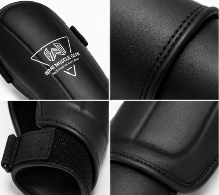 Black premium shin and instep guards with high-density foam, PU leather, and secure hook-and-loop straps by Wani Muscle Gear for boxing, MMA, kickboxing, and Muay Thai.