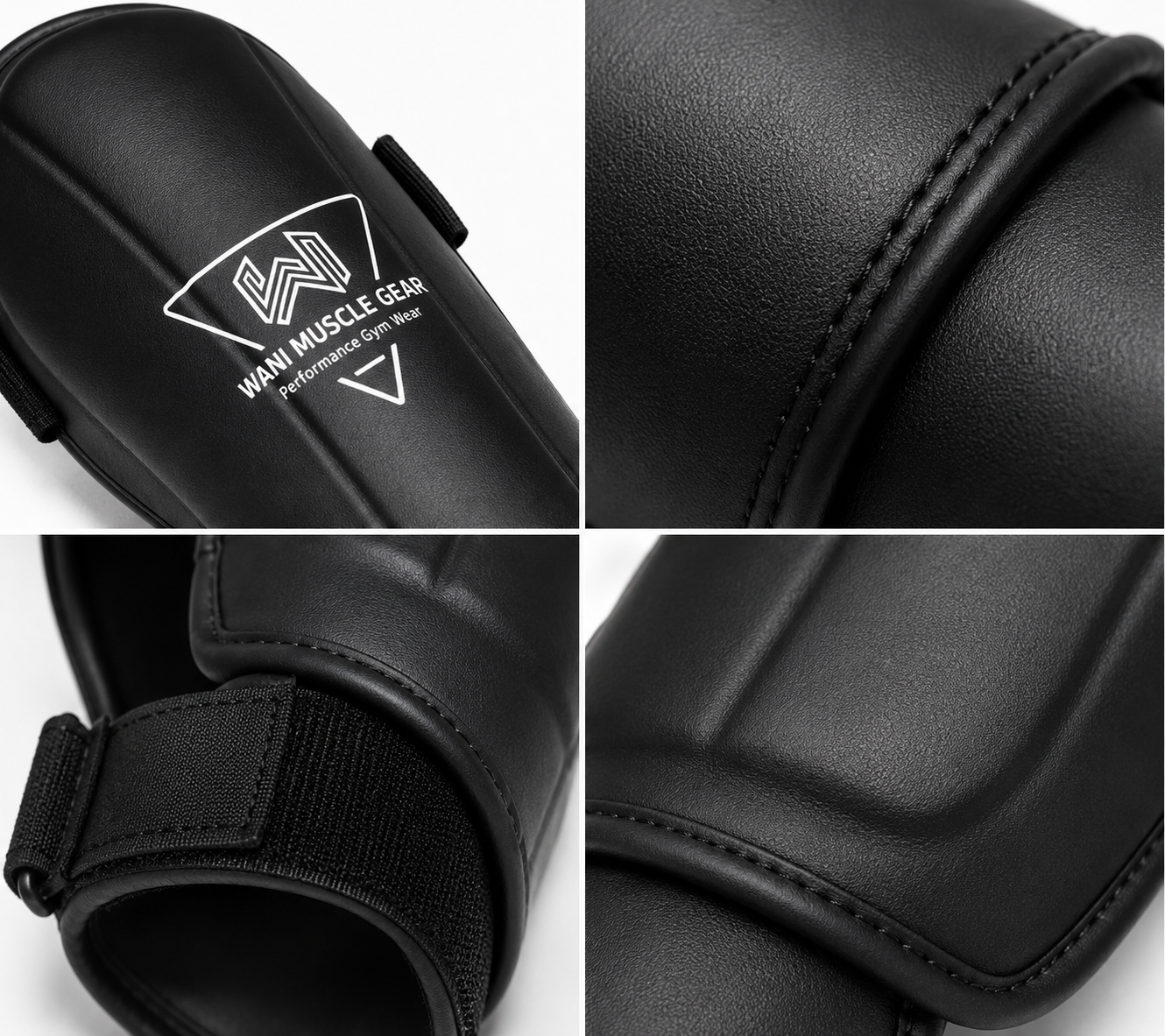 Premium Shin & Instep Guards for Boxing, MMA & Muay Thai | Wani Wear Black premium shin and instep guards with high-density foam, PU leather, and secure hook-and-loop straps by Wani Muscle Gear for boxing, MMA, kickboxing, and Muay Thai.
