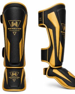 chnical infographic for Wani Muscle Gear shin and instep guards detailing multi-layer foam, CE certification, sizing chart, and target combat sports like Muay Thai and boxing.