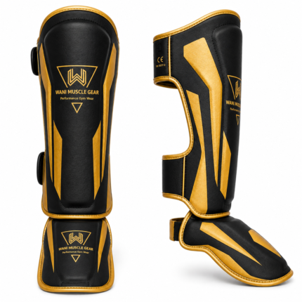 chnical infographic for Wani Muscle Gear shin and instep guards detailing multi-layer foam, CE certification, sizing chart, and target combat sports like Muay Thai and boxing.