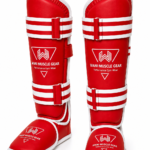 MMA Muay Thai shin instep guards red and white pair front view - Wani Muscle Gear