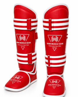 MMA Muay Thai shin instep guards red and white pair front view - Wani Muscle Gear