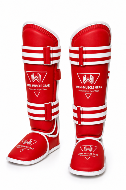 MMA Muay Thai shin instep guards red and white pair front view - Wani Muscle Gear