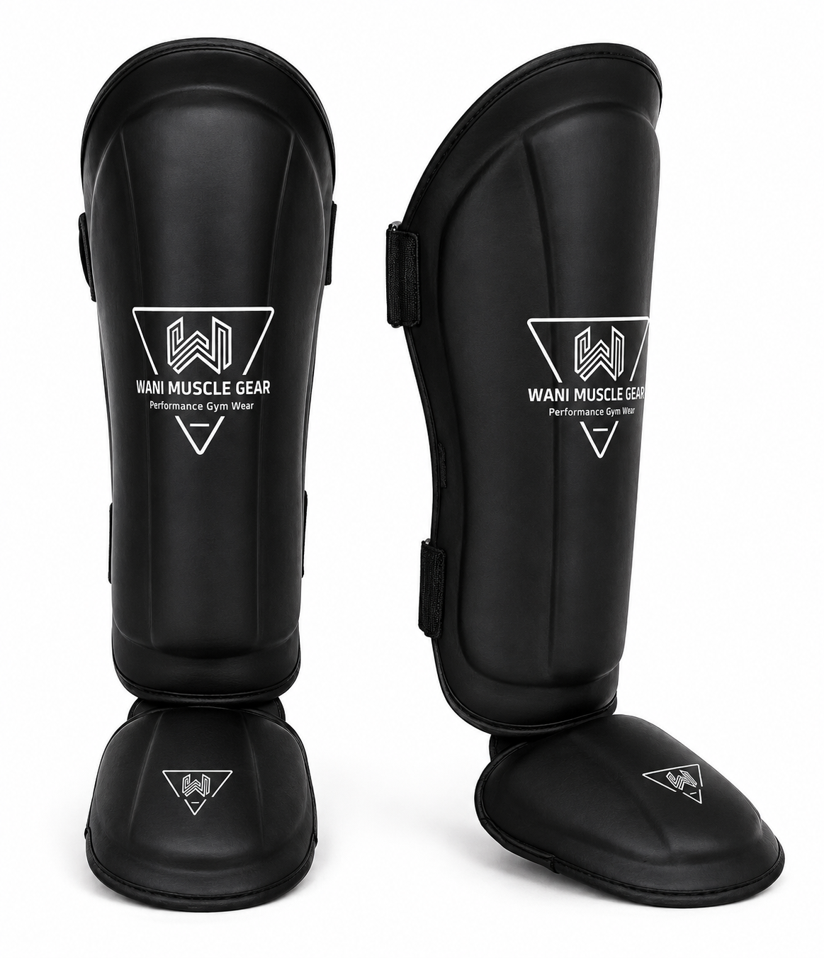 Premium Shin & Instep Guards for Boxing, MMA & Muay Thai | Wani Wear Black premium shin and instep guards with high-density foam, PU leather, and secure hook-and-loop straps by Wani Muscle Gear for boxing, MMA, kickboxing, and Muay Thai.