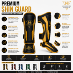Close-up technical details of custom MMA shin guards showing heavy-duty reinforced stitching, durable matte PU leather texture, and adjustable hook-and-loop closure straps.