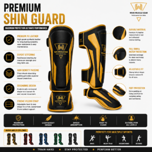 Premium MMA Shin & Instep Guards | CE Certified Muay Thai & Kickboxing Leg Protection Close-up technical details of custom MMA shin guards showing heavy-duty reinforced stitching, durable matte PU leather texture, and adjustable hook-and-loop closure straps.