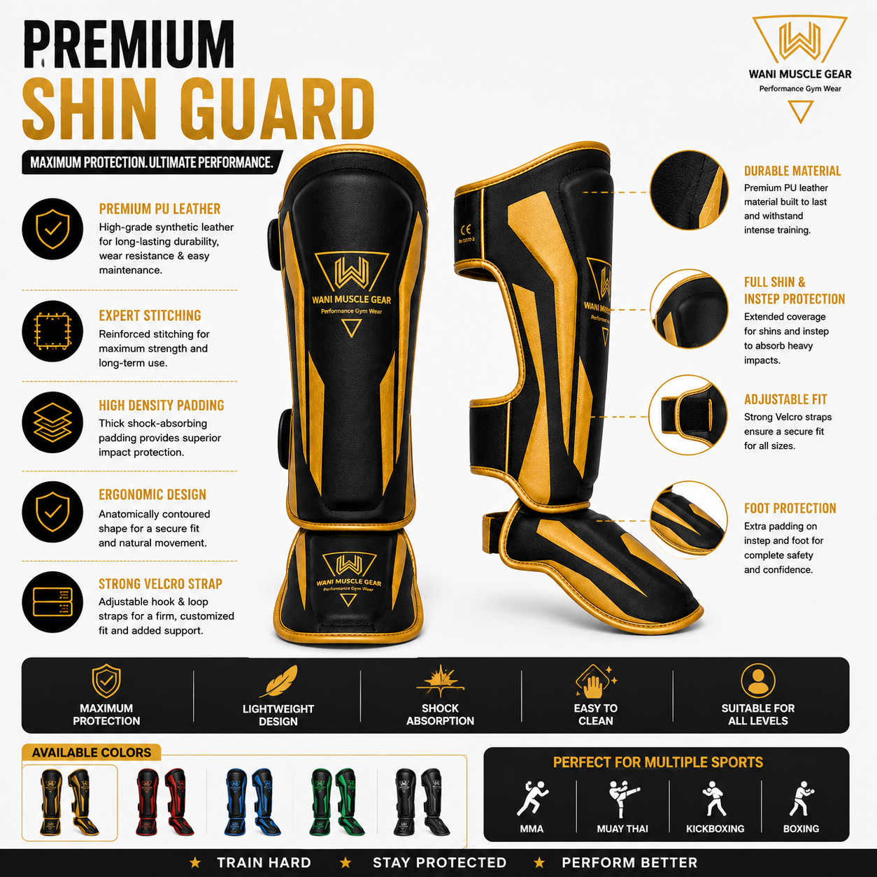 Premium MMA Shin & Instep Guards | CE Certified Muay Thai & Kickboxing Leg Protection Close-up technical details of custom MMA shin guards showing heavy-duty reinforced stitching, durable matte PU leather texture, and adjustable hook-and-loop closure straps.