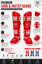Shin guard logo print, strap buckle, and stitching detail close-up - Wani Muscle Gear