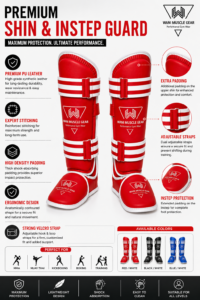 Wani Wear Shin Guards – Red/White MMA & Muay Thai Shin Instep Pads Shin guard logo print, strap buckle, and stitching detail close-up - Wani Muscle Gear