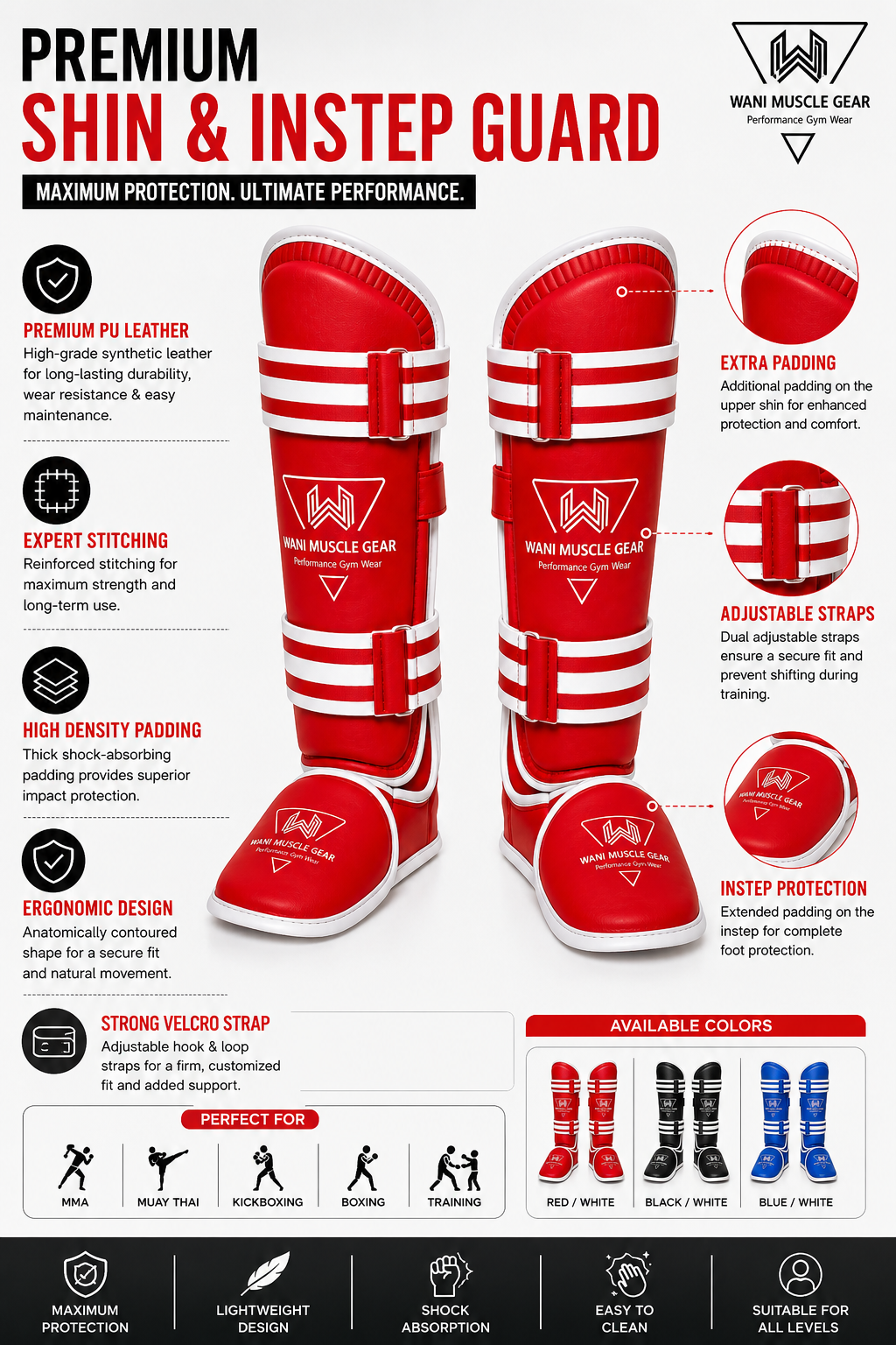 Wani Wear Shin Guards – Red/White MMA & Muay Thai Shin Instep Pads Shin guard logo print, strap buckle, and stitching detail close-up - Wani Muscle Gear