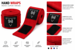 Red professional boxing hand wraps with custom logo, breathable cotton fabric, strong Velcro wrist closure, lightweight boxing wraps for MMA, kickboxing, Muay Thai, and boxing training.