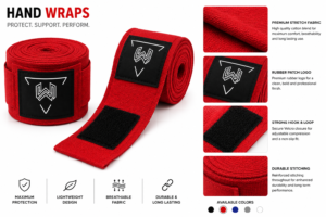 Custom Boxing Hand Wraps | Premium Cotton Hand Wraps | OEM & Private Label Manufacturer Red professional boxing hand wraps with custom logo, breathable cotton fabric, strong Velcro wrist closure, lightweight boxing wraps for MMA, kickboxing, Muay Thai, and boxing training.