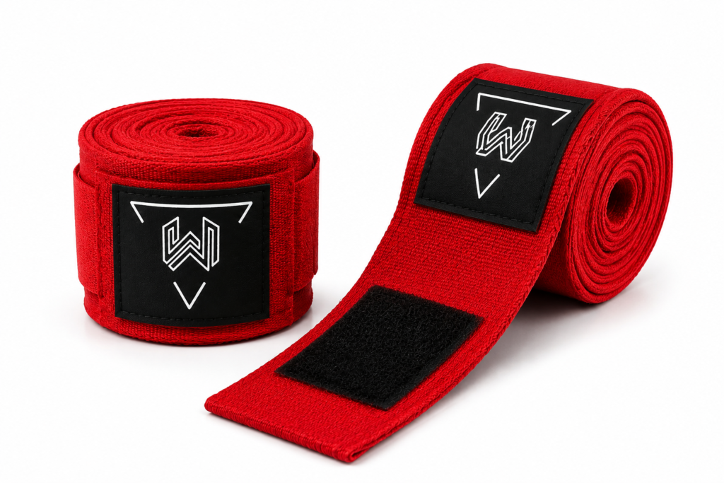 Custom red boxing hand wraps with rubber logo patch, premium cotton stretch fabric, secure hook and loop closure, breathable material, reinforced stitching, OEM private label boxing equipment manufacturer.
