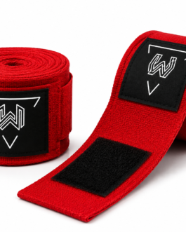 Custom red boxing hand wraps with rubber logo patch, premium cotton stretch fabric, secure hook and loop closure, breathable material, reinforced stitching, OEM private label boxing equipment manufacturer.