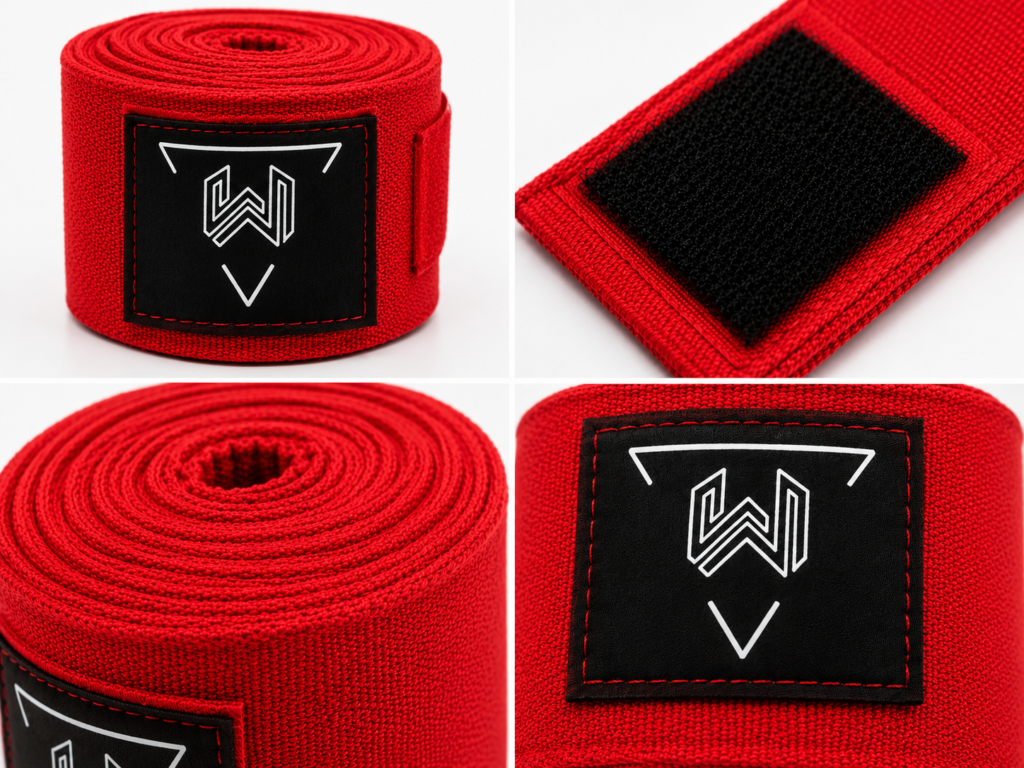 Close-up of custom boxing hand wraps showing premium rubber logo patch, reinforced stitching, hook and loop closure, and high-quality cotton fabric for professional boxing equipment.