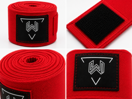 Close-up of custom boxing hand wraps showing premium rubber logo patch, reinforced stitching, hook and loop closure, and high-quality cotton fabric for professional boxing equipment.