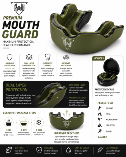 Wani Muscle Gear mouth guard features — dual layer protection, boil and bite fit, breathing channel, includes protective case