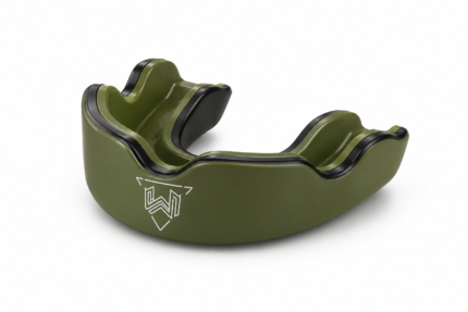 Wani Muscle Gear premium dual-layer mouth guard for boxing and MMA, olive green with black trim