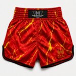Back view of red fire marble Muay Thai boxing shorts with Wani Muscle Gear logo, custom private label ready