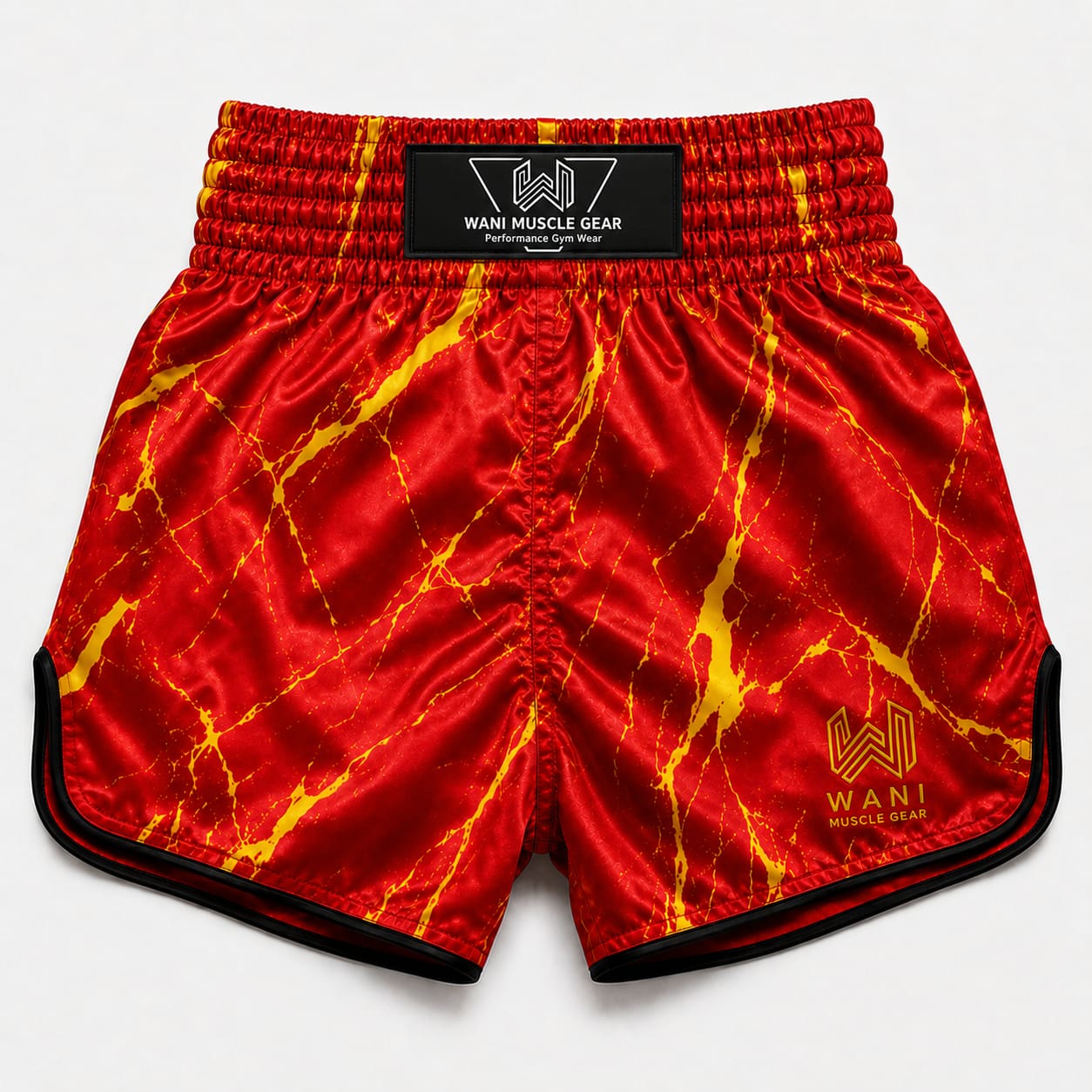 Wani Red Fire Marble Muay Thai Boxing Shorts – Custom Sublimation Trunks Back view of red fire marble Muay Thai boxing shorts with Wani Muscle Gear logo, custom private label ready