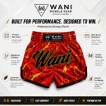 Infographic showing Wani boxing shorts features: premium satin fabric, wide elastic waistband, reinforced stitching, side slit mobility