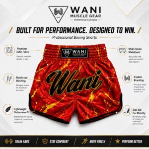 Wani Red Fire Marble Muay Thai Boxing Shorts – Custom Sublimation Trunks Infographic showing Wani boxing shorts features: premium satin fabric, wide elastic waistband, reinforced stitching, side slit mobility