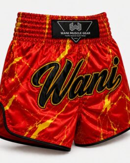 Red and gold fire marble Muay Thai boxing shorts with Wani logo, satin fabric, front view