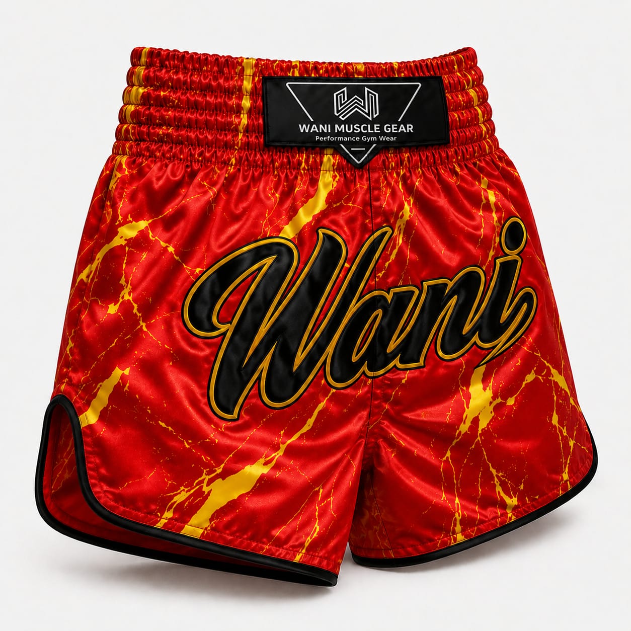 Wani Red Fire Marble Muay Thai Boxing Shorts – Custom Sublimation Trunks Red and gold fire marble Muay Thai boxing shorts with Wani logo, satin fabric, front view