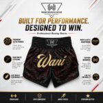 Infographic showing Wani black flame boxing shorts features: satin fabric, elastic waistband, reinforced stitching, side slit