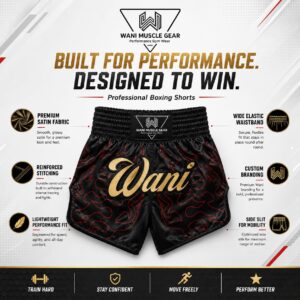 Wani Black Flame Muay Thai Boxing Shorts – Custom Sublimation Trunks Infographic showing Wani black flame boxing shorts features: satin fabric, elastic waistband, reinforced stitching, side slit
