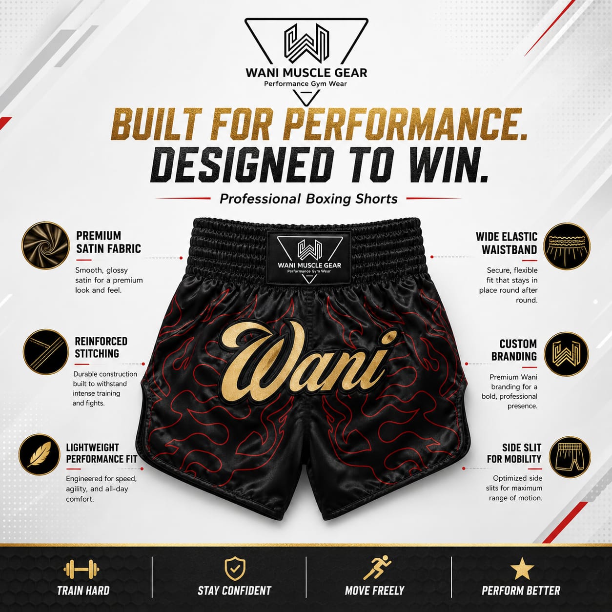 Wani Black Flame Muay Thai Boxing Shorts – Custom Sublimation Trunks Infographic showing Wani black flame boxing shorts features: satin fabric, elastic waistband, reinforced stitching, side slit