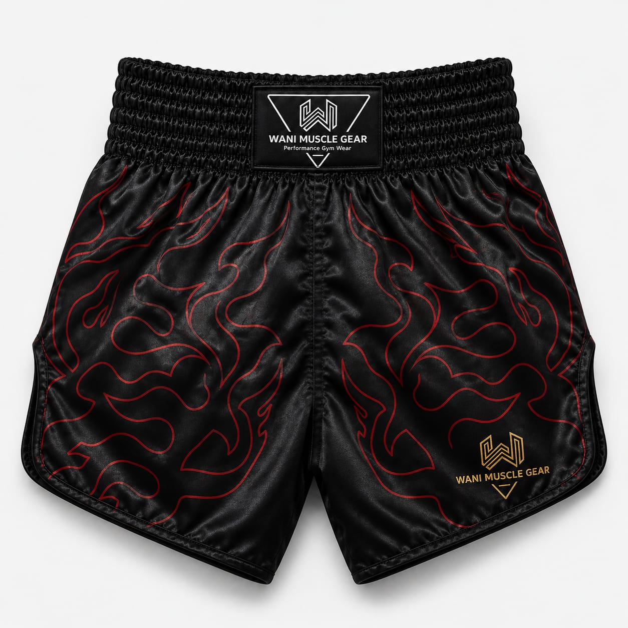Wani Black Flame Muay Thai Boxing Shorts – Custom Sublimation Trunks Black satin Muay Thai boxing shorts with red flame print and gold Wani logo, back view