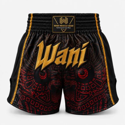 : Black and red satin Muay Thai boxing shorts with gold Wani logo, front view