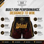 Wani Muscle Gear boxing shorts features infographic showing satin fabric, reinforced stitching, and side slit design