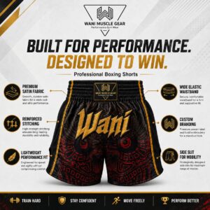 Wani Dragon Muay Thai Shorts – Black & Gold Wani Muscle Gear boxing shorts features infographic showing satin fabric, reinforced stitching, and side slit design