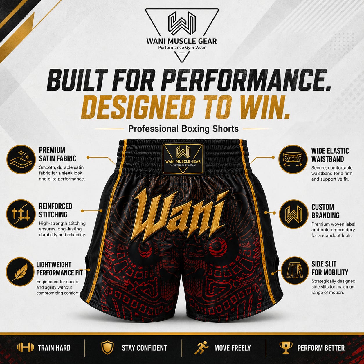 Wani Dragon Muay Thai Shorts – Black & Gold Wani Muscle Gear boxing shorts features infographic showing satin fabric, reinforced stitching, and side slit design