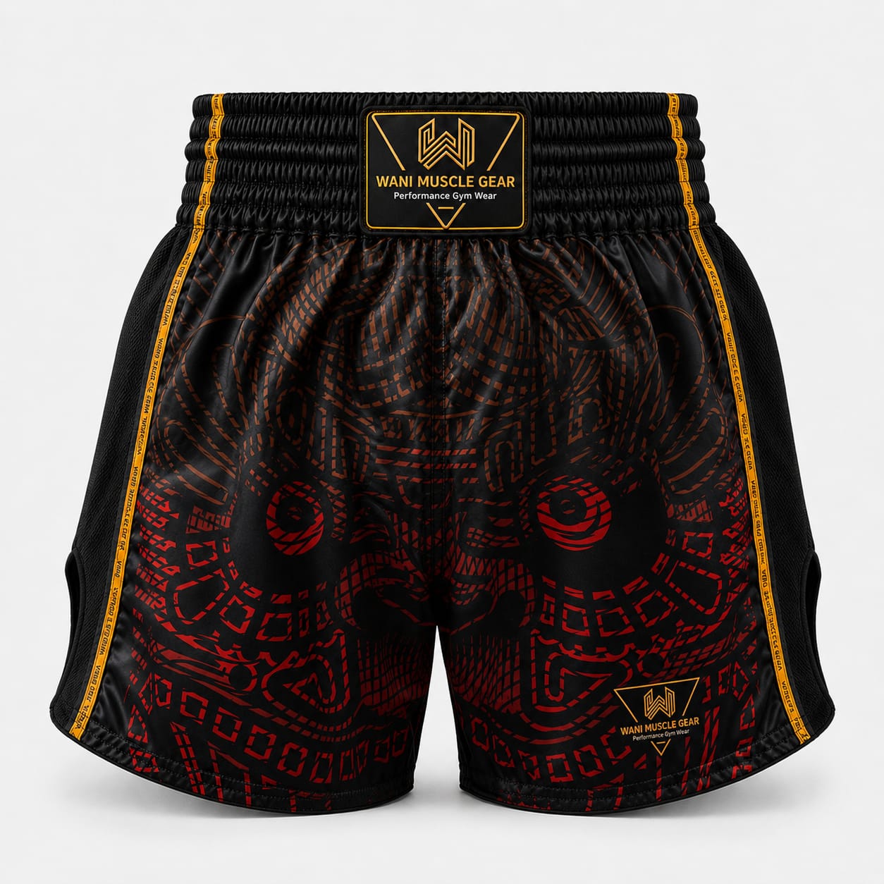 Wani Dragon Muay Thai Shorts – Black & Gold Custom boxing shorts with gold Wani logo and red tribal sublimation print, product close-up