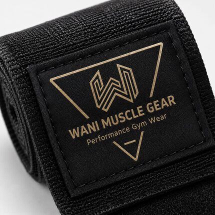 Wani Muscle Gear custom logo patch on rolled boxing hand wrap, private label branding example