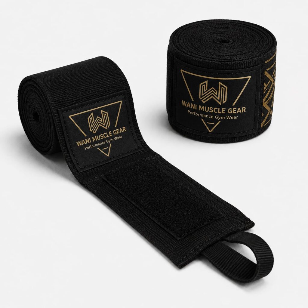 Wani Muscle Gear black boxing hand wraps rolled and unrolled showing thumb loop and velcro closure