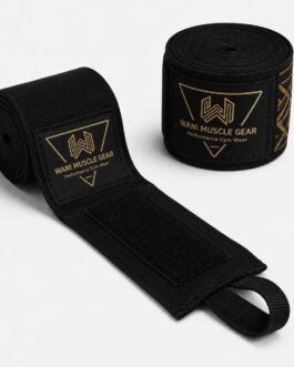 Wani Muscle Gear black boxing hand wraps rolled and unrolled showing thumb loop and velcro closure