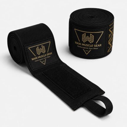 Wani Muscle Gear black boxing hand wraps rolled and unrolled showing thumb loop and velcro closure