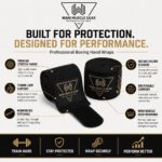 Infographic showing Wani Muscle Gear boxing hand wraps features — stretch fabric, thumb loop, velcro closure, breathable material