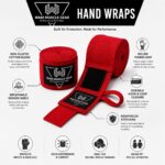 Wani Muscle Gear red boxing hand wraps infographic showing semi-elastic cotton blend, breathable fabric, thumb loop, and hook-and-loop closure