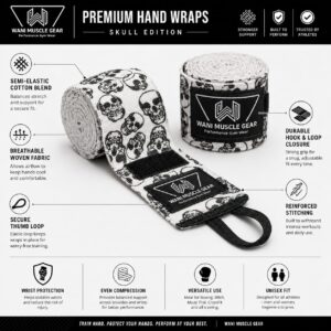 Custom Skull Boxing Hand Wraps | Premium Semi-Elastic Cotton Boxing Wraps | OEM Private Label Boxing Equipment Manufacturer Custom Skull Boxing Hand Wraps by Wani Muscle Gear – Premium Semi Elastic Cotton Boxing Wrist Wraps with Hook and Loop Closure for Boxing, MMA, Muay Thai and Fitness Training