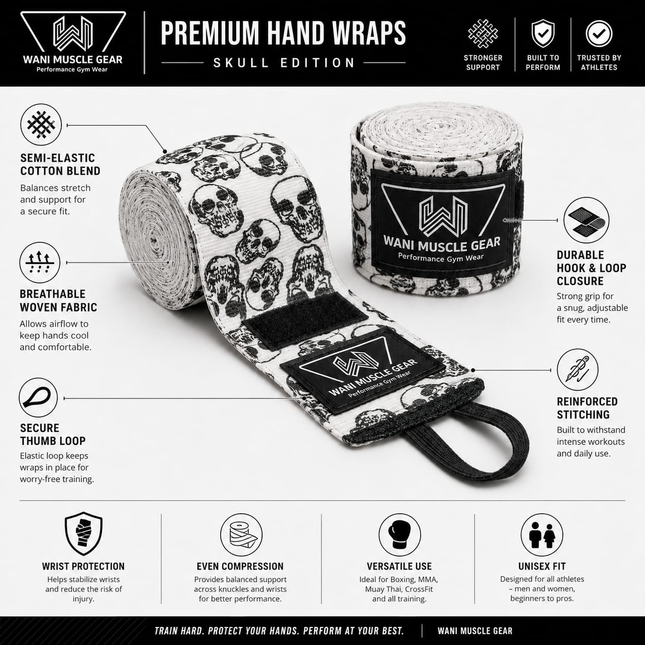 Custom Skull Boxing Hand Wraps | Premium Semi-Elastic Cotton Boxing Wraps | OEM Private Label Boxing Equipment Manufacturer Custom Skull Boxing Hand Wraps by Wani Muscle Gear – Premium Semi Elastic Cotton Boxing Wrist Wraps with Hook and Loop Closure for Boxing, MMA, Muay Thai and Fitness Training